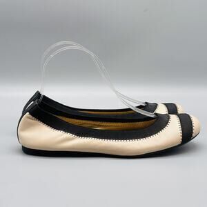 Stuart Weitzman Shoes Women 6.5 Beige Black Leather Ballet Flats Cap Toe Slip On